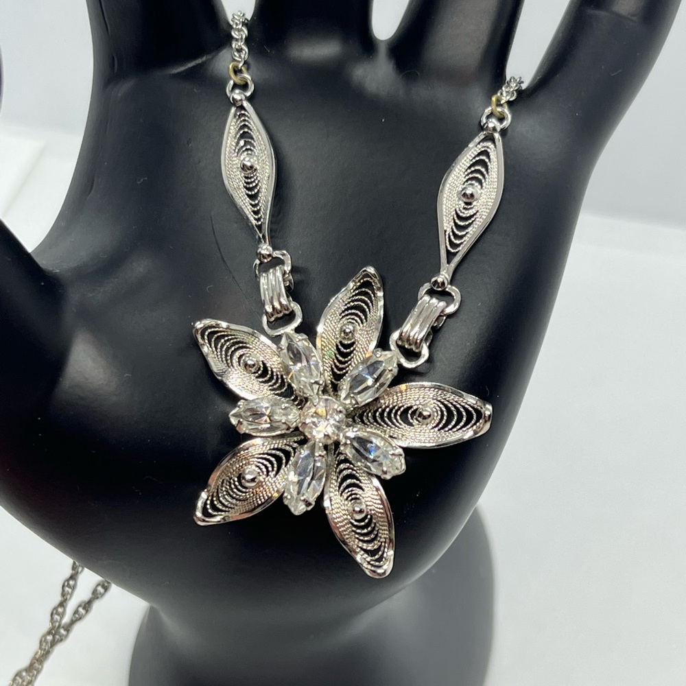 Am Lee sterling silver filigree rhinestone flower adjustable necklace rope chain - Picture 1 of 13
